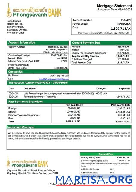 Realistic Laos Phongsavanh Bank mortgage statement Word and PDF template